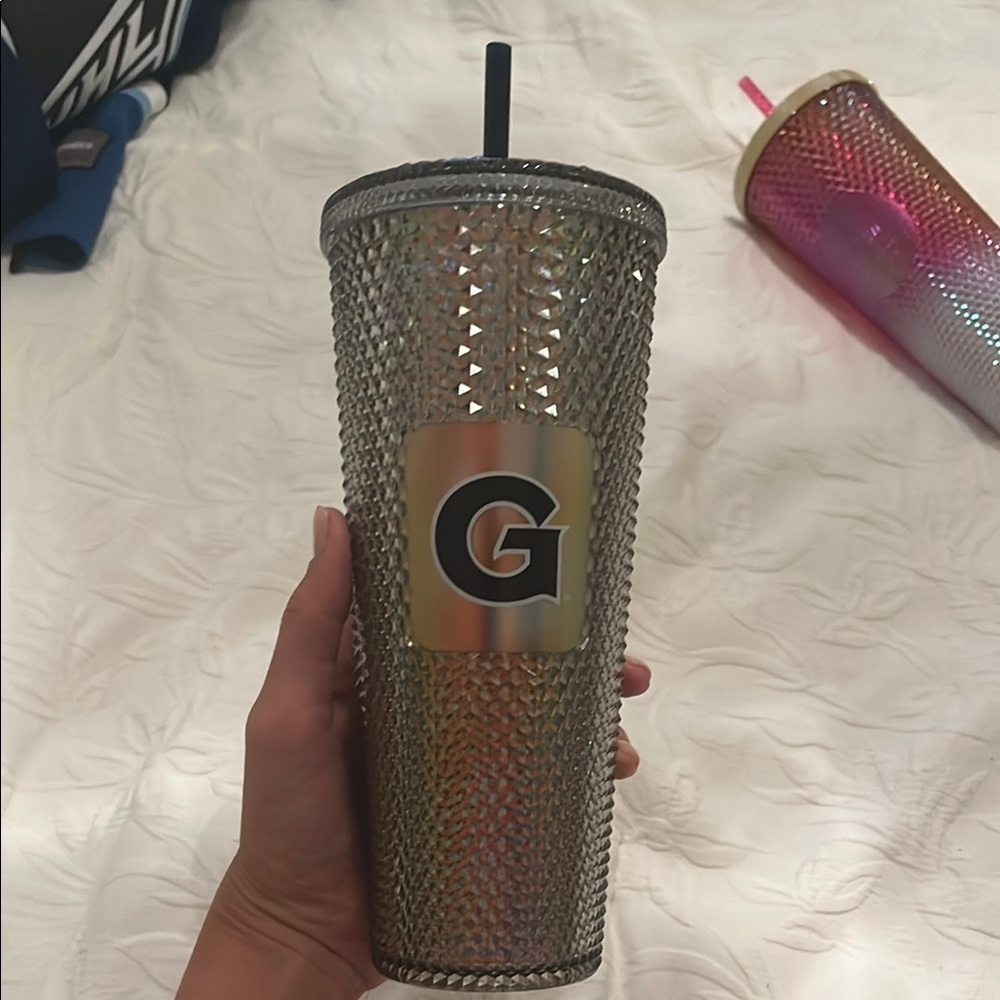 Brand New Georgetown Hoyas Starbucks Silver Studded Tumbler with Straw